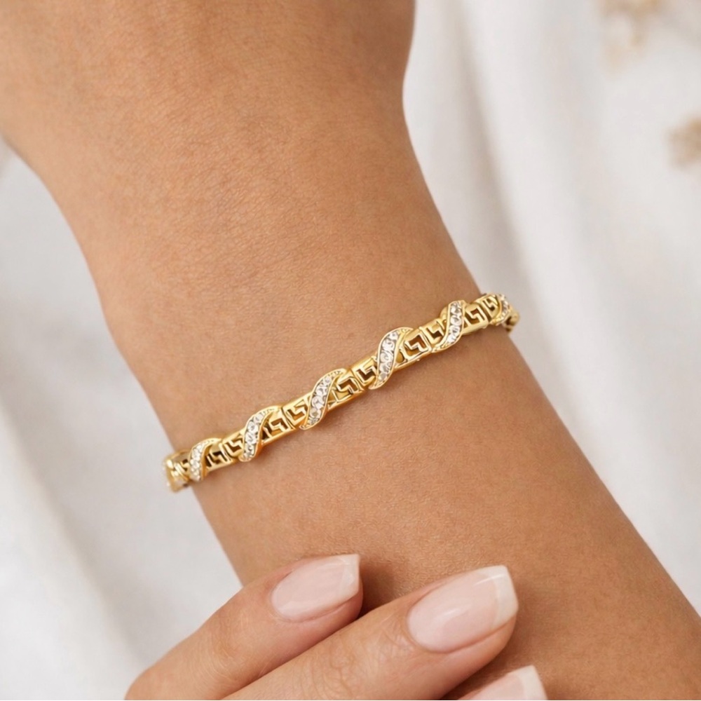 14K Gold Plated Greek Key Bracelet w/ Pavé Zirconia Wrap Detail | Luxury Jewelry